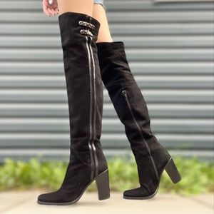 VIBRAM TALL BLACK OVER THE KNEE HEELED BOOTS
